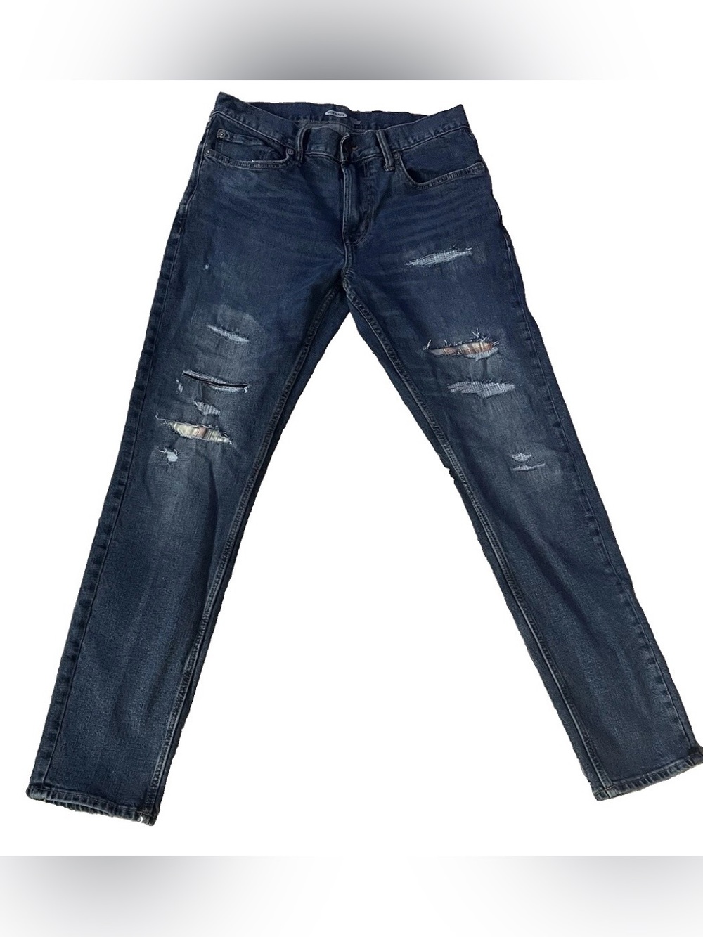 Old Navy Men’s Blue Skinny Jeans Slim Fashion Plaid Distressed Details 32x32
